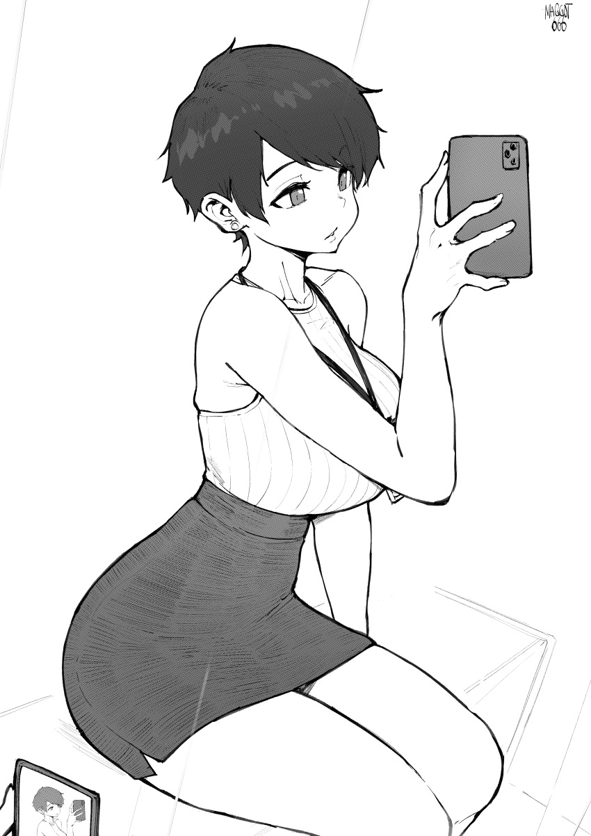 1girl 1other absurdres bare_arms bare_legs bare_shoulders breasts cellphone cellphone_picture collarbone dress high-waist_skirt highres id_card lanyard large_breasts looking_ahead monochrome norman_maggot office_lady olive_laurentia original pencil_skirt phone pixie_cut ribbed_shirt seiza selfie shirt shirt_tucked_in short_hair sitting skirt sleeveless sleeveless_dress smartphone solo swept_bangs tented_shirt