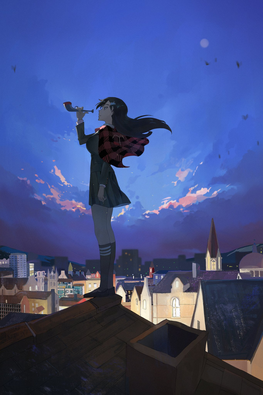 1girl black_hair black_socks burn_the_witch capelet cloud cloudy_sky dusk floating_hair full_body full_moon green_jacket green_skirt hair_ornament hairclip highres holding holding_instrument instrument jacket kneehighs long_hair moon niihashi_noel on_roof plaid_capelet pleated_skirt profile red_capelet shirt skirt sky socks solo standing_on_roof town trumpet white_shirt wind zzz_zhi_he