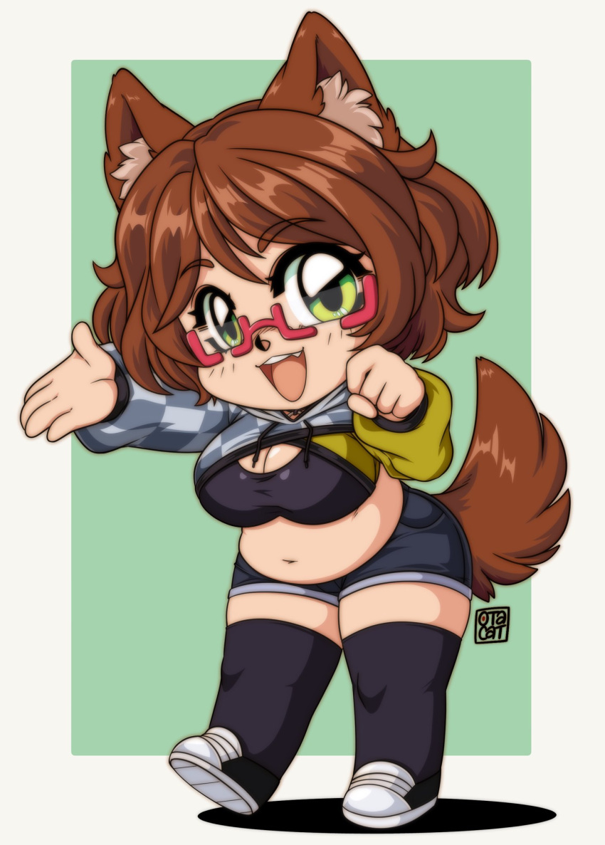 0tacat 1girl animal_ear_fluff animal_ears artist_name black_shorts black_thighhighs breasts brown_hair brown_tail chibi cleavage cleavage_cutout clenched_hand clothing_cutout cropped_hoodie dog_girl edie_crop_hoodie fang full_body glasses green_background green_eyes hair_between_eyes highres hood hoodie indie_virtual_youtuber large_breasts long_sleeves looking_at_viewer meme_attire midriff mint_castella navel open_hand open_mouth plump red-framed_eyewear semi-rimless_eyewear shadow shoes shorts simple_background smile solo standing tail thick_thighs thighhighs thighs virtual_youtuber