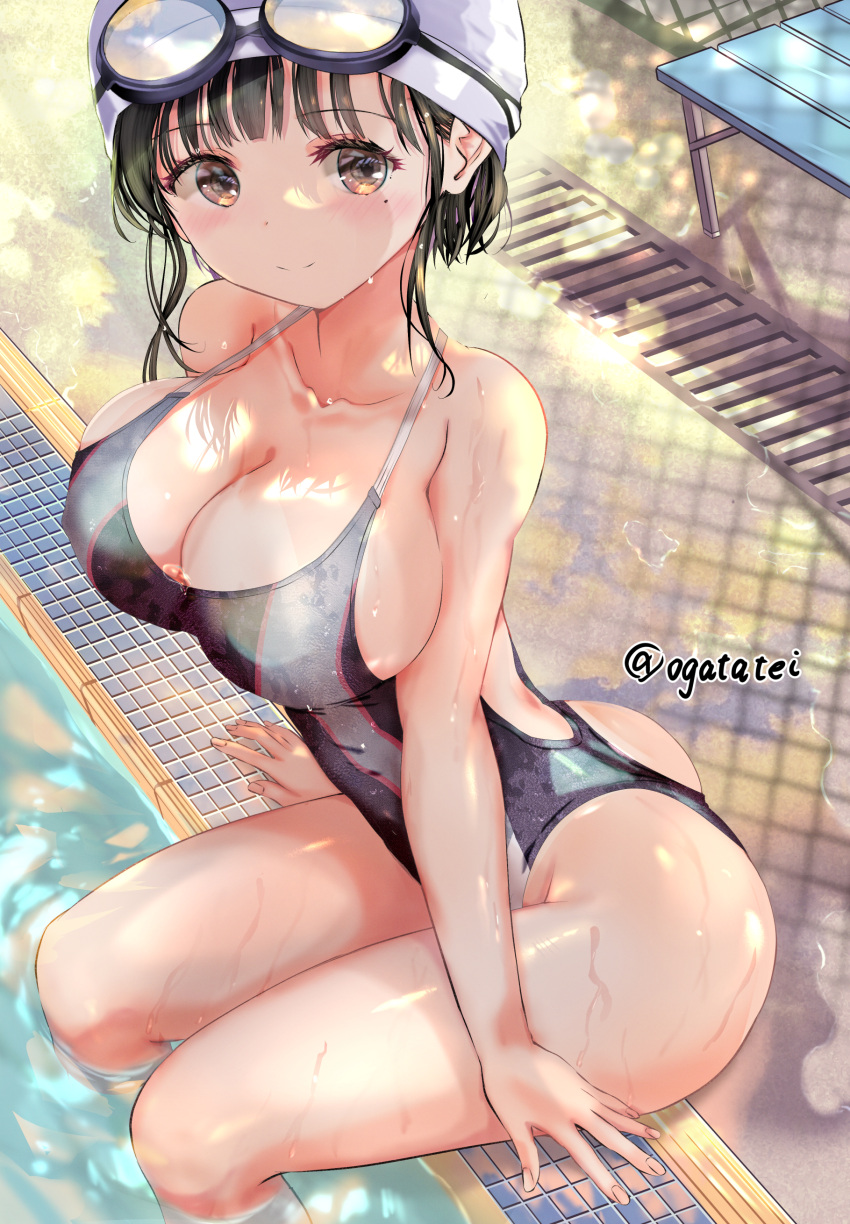 1girl absurdres ass bench black_hair black_one-piece_swimsuit breasts brown_eyes cleavage collarbone competition_swimsuit goggles goggles_on_head highres large_breasts long_hair mole mole_under_eye ogata_tei one-piece_swimsuit original poolside soaking_feet solo swim_cap swimsuit twitter_username two-tone_swimsuit