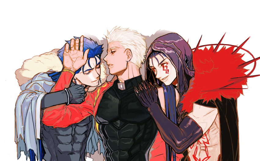 3boys abs archer_(fate) baragi black_cape black_shirt blue_coat blue_hair cape coat coat_on_shoulders covered_abs covered_navel cu_chulainn_(fate) cu_chulainn_(fate/prototype) cu_chulainn_alter_(fate) dual_persona earrings elbow_gloves eyelashes fate_(series) gloves grey_eyes hood jacket jewelry long_hair long_sleeves male_focus multiple_boys navel parted_lips pectorals red_eyes red_jacket shirt short_hair simple_background skin_tight tattoo very_long_hair white_background white_hair yaoi