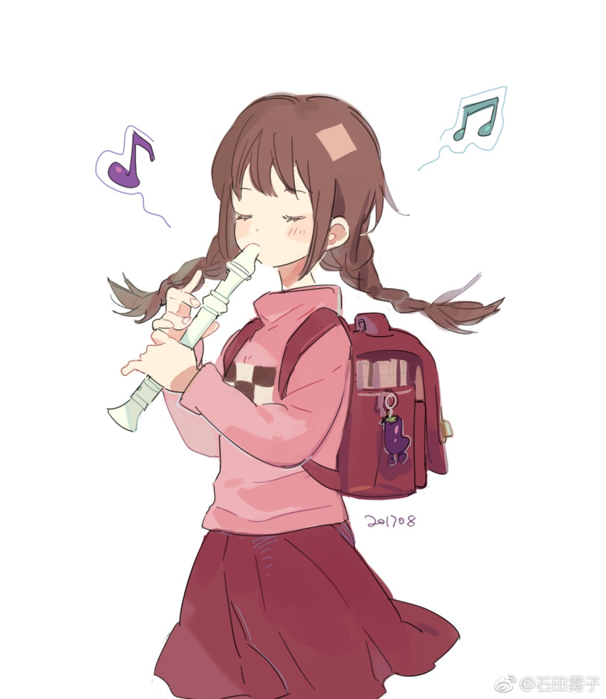 1girl backpack bag bag_charm blush braid brown_hair charm_(object) chinese_commentary closed_eyes commentary_request facing_viewer highres holding_flute iovebly long_hair long_sleeves madotsuki musical_note pink_sweater playing_flute pleated_skirt randoseru red_bag red_skirt simple_background skirt solo standing sweater turtleneck twin_braids weibo_username white_background yume_nikki