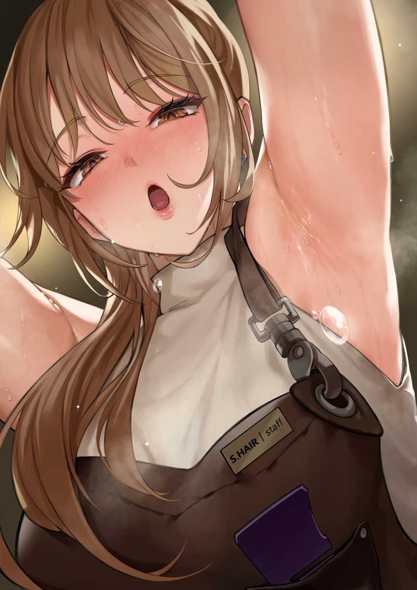 1girl absurdres apron armpits arms_up blush breast_pocket breasts brown_apron brown_eyes brown_hair earrings hair_over_shoulder highres jewelry large_breasts long_hair looking_at_viewer mature_female mute_(mute89539160) open_mouth original pocket sleeveless sleeveless_sweater solo sweat sweater textless_version upper_body white_sweater