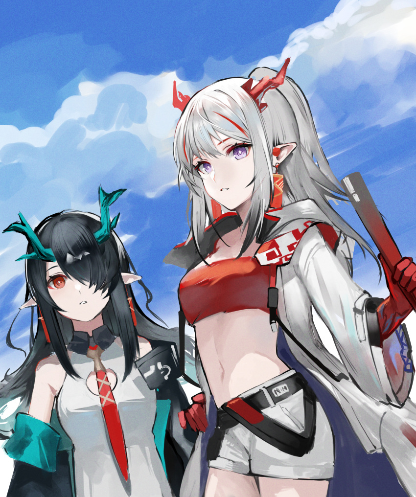 2girls absurdres arknights bandana blue_sky breasts bright_pupils china_dress chinese_clothes colored_skin dragon_girl dragon_horns dress dusk_(arknights) earrings hair_over_one_eye hand_on_own_hip highres holding holding_stick horns jacket jewelry long_sleeves looking_at_viewer multicolored_hair multiple_girls nian_(arknights) open_clothes open_jacket pointy_ears ponytail purple_eyes red_bandana red_eyes red_hair red_skin s_4ik4 shorts siblings sisters sky sleeveless sleeveless_dress small_breasts stick streaked_hair tassel tassel_earrings white_dress white_hair white_jacket white_pupils white_shorts wide_sleeves