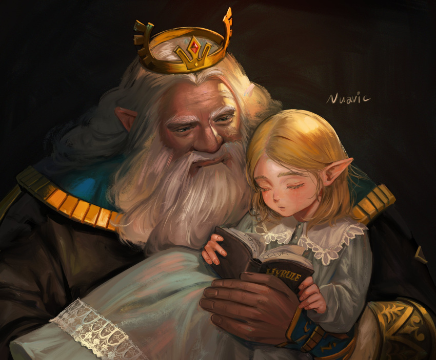 absurdres age_difference beard blonde_hair book facial_hair father_and_daughter grey_hair highres king long_beard nuavic old old_man parent_and_child princess princess_zelda rhoam_bosphoramus_hyrule the_legend_of_zelda the_legend_of_zelda:_breath_of_the_wild