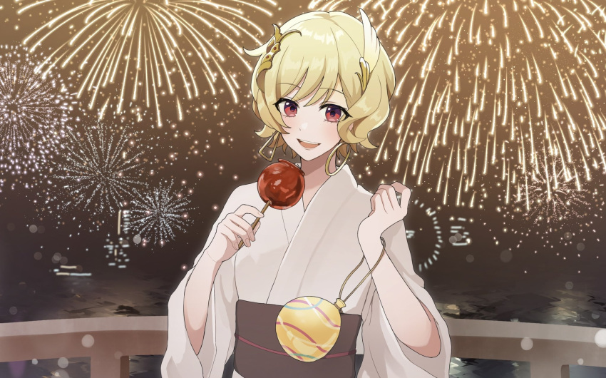 1girl alternate_costume blonde_hair brast47600296 candy_apple citrinne_(fire_emblem) earrings fire_emblem fire_emblem_engage fireworks food highres holding hoop_earrings japanese_clothes jewelry kimono looking_at_viewer red_eyes short_hair smile solo teeth upper_teeth_only yukata