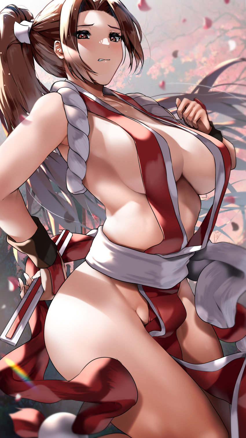 1girl arm_guards bare_legs breasts brown_eyes brown_hair cleavage clenched_teeth fatal_fury folded_fan folding_fan hand_fan high_ponytail highres holding holding_fan japanese_clothes large_breasts midriff ninja no_bra nonohachi pelvic_curtain ponytail revealing_clothes rope sash shiranui_mai solo teeth the_king_of_fighters thighs white_sash worried