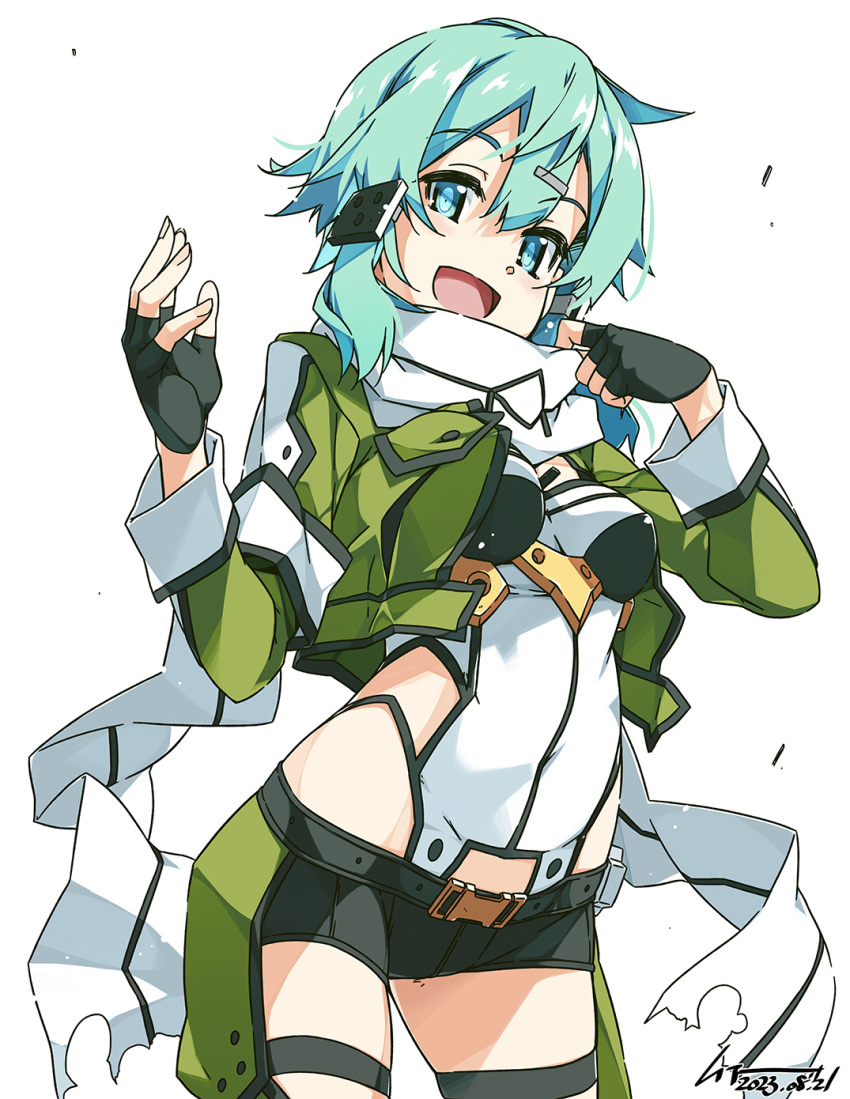 1girl aqua_eyes aqua_hair black_shorts breasts cropped_jacket fingerless_gloves gloves gun hair_between_eyes hair_ornament hairclip highres holding looking_at_viewer open_mouth rifle scarf shikei shiny_skin short_hair short_shorts shorts sidelocks simple_background sinon smile solo standing sword_art_online weapon white_background