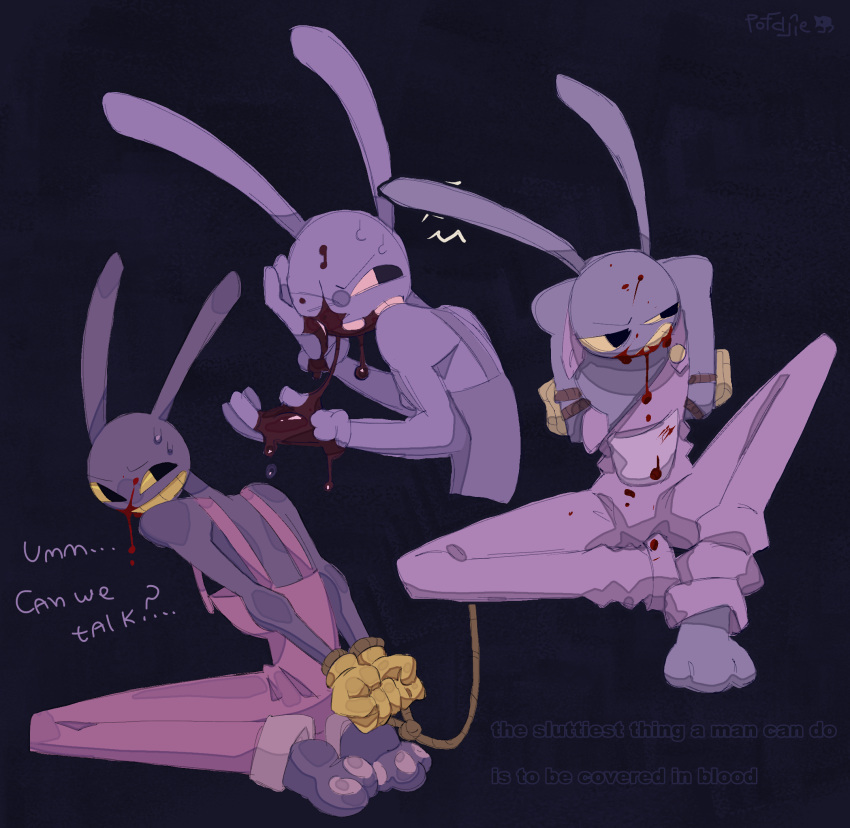 angry animal_humanoid anthro arms_tied beaten black_eyes blood blood_from_mouth blood_in_mouth blood_on_clothing blood_on_face blood_on_hand bodily_fluids bound clothing hands_tied hi_res hornyharpy humanoid jax_(the_amazing_digital_circus) kneeling lagomorph lagomorph_humanoid male mammal mammal_humanoid purple_body solo the_amazing_digital_circus yellow_sclera