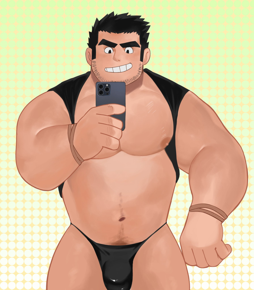 1boy ameno_mikazuki bara bare_pectorals beard_stubble belly bikini_briefs black_hair black_male_underwear clothes_lift cowboy_shot grin highres huge_eyebrows knuckle_hair large_pectorals latex_underwear looking_at_phone lucas_lee male_focus male_underwear muscular muscular_male navel nipples no_pants pectorals phone plump scott_pilgrim_takes_off selfie shiny_clothes shirt_behind_neck shirt_lift short_hair smile solo sparse_navel_hair underwear