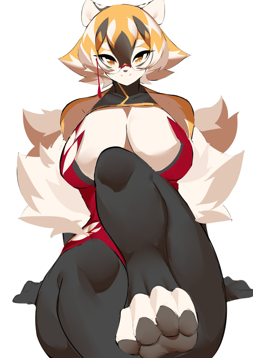 absurd_res anthro arknights aspirindabaitu bare_shoulders big_breasts black_clothing black_hair black_legwear black_pantyhose blonde_hair breasts clothing eyewear felid female fur fur-trimmed_sleeves glasses hair hi_res hypergryph legwear leotard looking_at_viewer mammal pantherine pantyhose red_clothing red_leotard short_hair simple_background smile solo studio_montagne thick_thighs tiger waaifu_(arknights) white_background white_body white_fur white_hair yellow_body yellow_eyes yellow_fur