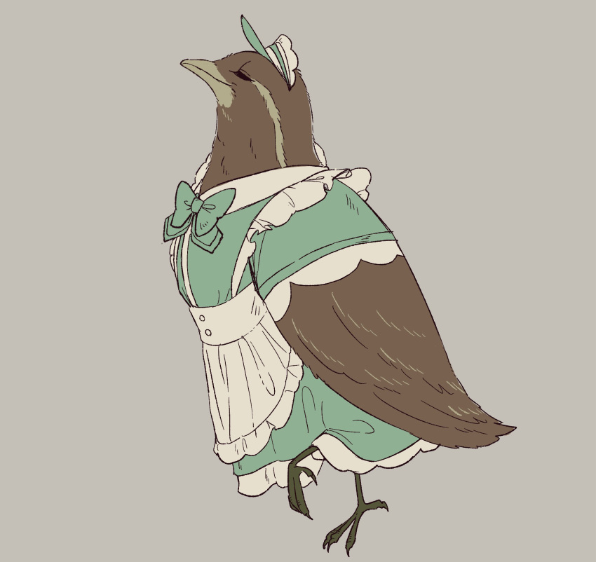 4_toes anisodactyl avian avian_feet baytaboo beak bow_tie brown_body brown_feathers clothed clothed_feral clothing dress eyes_closed feathered_wings feathers feet female feral hat headgear headwear hi_res simple_background solo toes wings