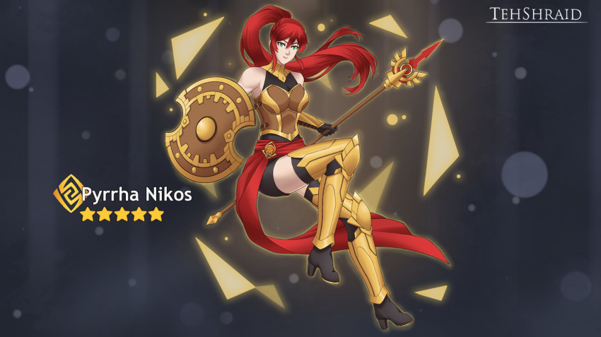 1girl armor artist_name character_name commentary english_commentary genshin_impact green_eyes hair_between_eyes high_heels highres holding holding_polearm holding_shield holding_weapon long_hair looking_at_viewer polearm ponytail pyrrha_nikos red_hair rwby shield solo spear star_(symbol) tehshraid watermark weapon