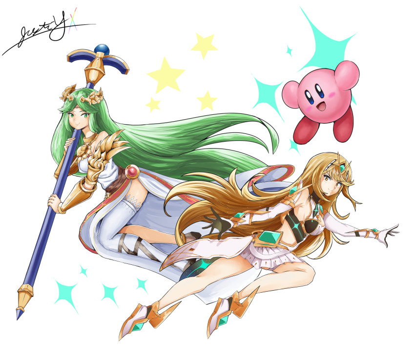 2girls absurdres arm_armor armor armpits bare_shoulders barrel black_gloves blonde_hair breasts commentary detached_sleeves dress english_commentary from_side full_body gloves gold_trim green_eyes green_hair hand_up high_heels highres holding holding_staff justin_yamagiwa kirby kirby_(series) legs long_hair looking_at_viewer medium_breasts midair miniskirt multiple_girls mythra_(xenoblade) palutena parted_lips side_slit sidelocks signature single_thighhigh skirt sleeveless smile staff super_smash_bros. swept_bangs thighhighs thighs tiara v-shaped_eyebrows very_long_hair white_background white_dress white_footwear white_skirt white_thighhighs xenoblade_chronicles_(series) xenoblade_chronicles_2