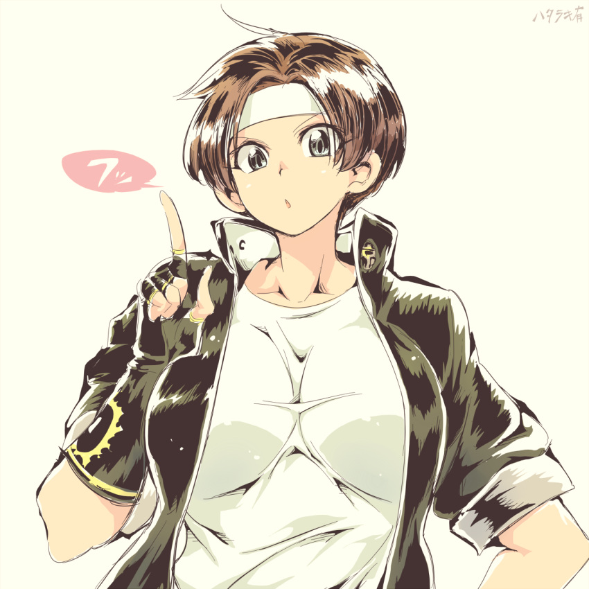 1girl black_eyes black_gloves black_jacket breasts brown_hair commentary fingerless_gloves genderswap genderswap_(mtf) gloves hataraki_ari headband highres index_finger_raised jacket kusanagi_kyou large_breasts shirt short_hair signature solo the_king_of_fighters upper_body white_headband white_shirt