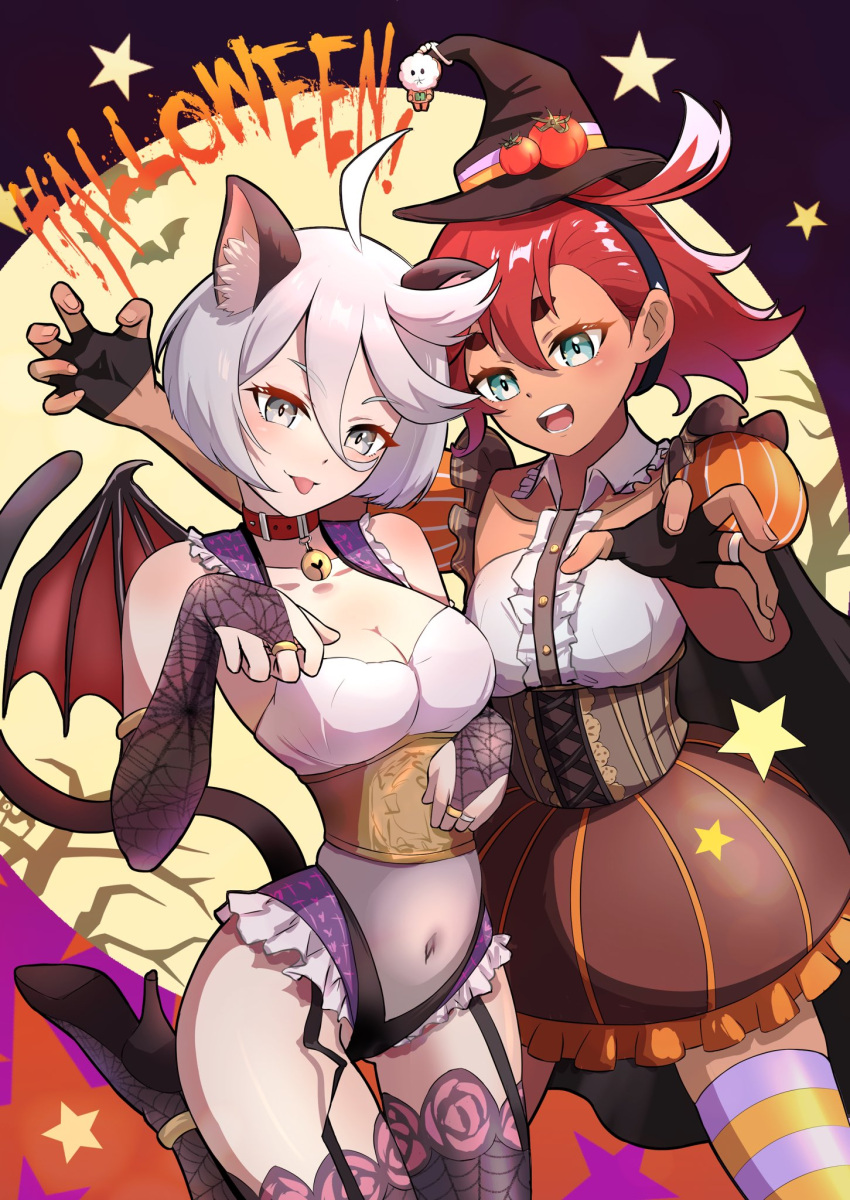 2girls ahoge alternate_costume animal_ears bat_(animal) bell black_hairband blue_eyes boots breasts bridal_gauntlets brown_corset brown_skirt cat_ears cat_tail cleavage corset cowboy_shot cowlick demon_wings eggindanger elbow_gloves english_commentary fingerless_gloves floral_print frilled_leotard frills full_moon gloves grey_eyes gundam gundam_suisei_no_majo hairband halloween halloween_costume hat high_heel_boots high_heels highres jewelry kemonomimi_mode leotard miorine_rembran moon multiple_girls navel neck_bell paw_pose print_thighhighs puffy_short_sleeves puffy_sleeves red_hair ring rose_print see-through see-through_leotard see-through_thighhighs shirt short_hair short_sleeves skirt spider_web_print star_(symbol) striped striped_thighhighs suletta_mercury tail thick_eyebrows thighhighs tomato tongue tongue_out translucent wedding_ring white_hair white_shirt wife_and_wife wings witch witch_hat yuri