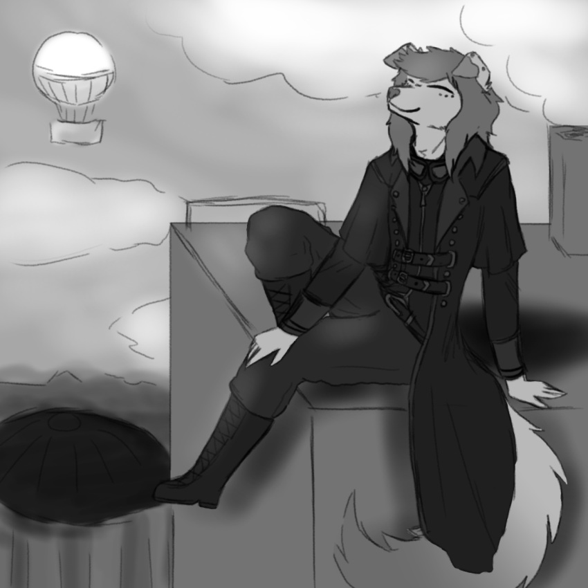 aircraft airship anthro boots canid canine clothing coat dusty_(princedusty) eyewear floppy_ears footwear goggles goggles_around_neck hi_res kawattame male mammal relaxing sitting sitting_on_ledge solo steampunk topwear trenchcoat