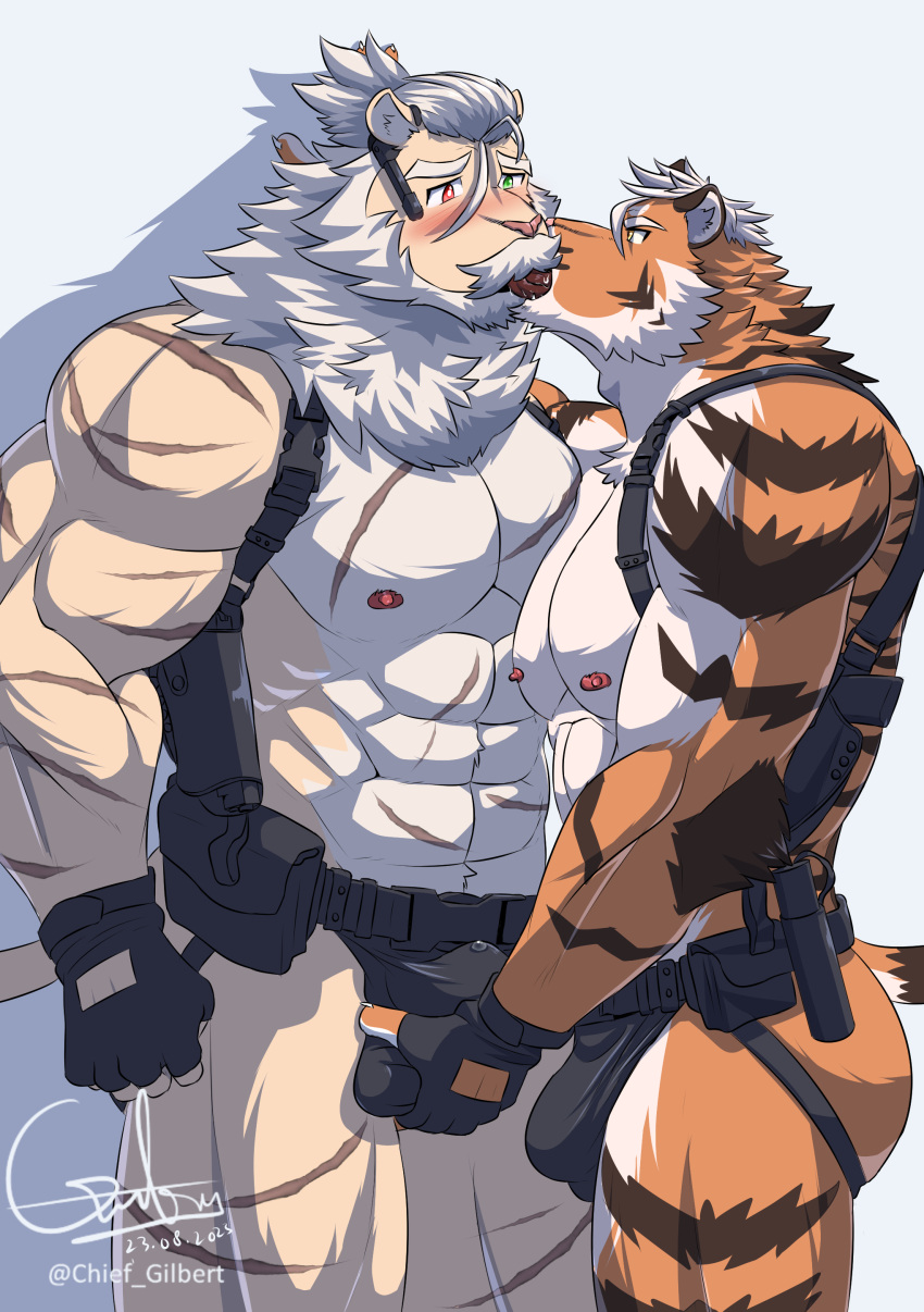 2023 abs absurd_res age_difference anthro anthro_on_anthro areola barazoku beard biceps biped blush bodily_fluids brown_body brown_fur brown_stripes bulge bulge_grab butt chief_gilbert clothed clothing digital_media_(artwork) duo eyebrows facial_hair felid fingerless_gloves french_kissing fur genital_fluids gloves gun gunn_(chief_gilbert) hair handwear hi_res jockstrap kissing lion male male/male mammal mane mature_anthro mature_male muscular muscular_anthro muscular_male mustache nipples open_mouth pantherine pecs precum precum_through_clothing precum_through_underwear ranged_weapon saliva scar striped_body striped_fur stripes tail tan_body tan_fur tiger tongue topless underwear weapon wet wet_clothing white_body white_fur white_hair white_mane younger_anthro younger_male