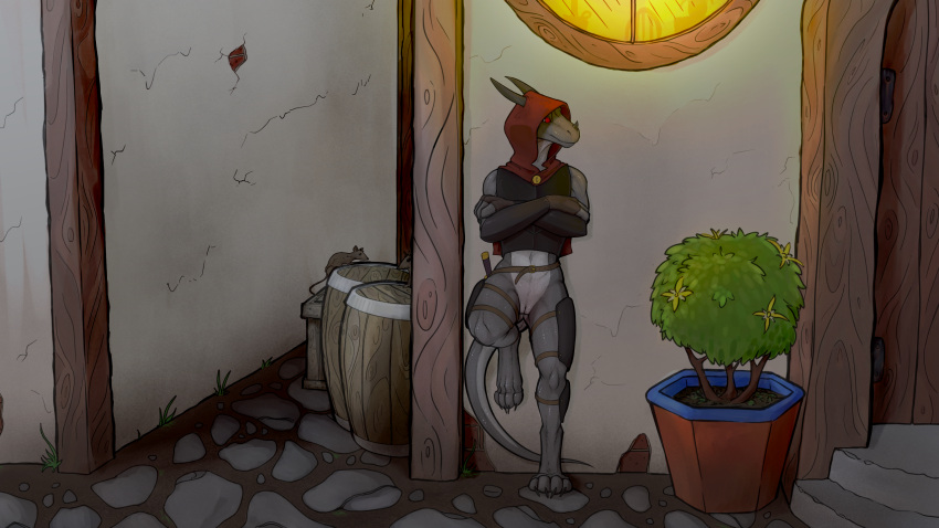 alley anthro armor armor_plates barrel bottomless breastplate casual_exposure claws clothed clothing countershading crossed_arms dagger female flat_chested genitals glistening glistening_body glistening_scales grey_body grey_scales hi_res hood horn kobold leaning_on_wall malcombtheteadragon melee_weapon navel plant plant_pot potted_plant pupils pussy red_eyes reptile saskha scales scalie slit_pupils solo standing tail weapon