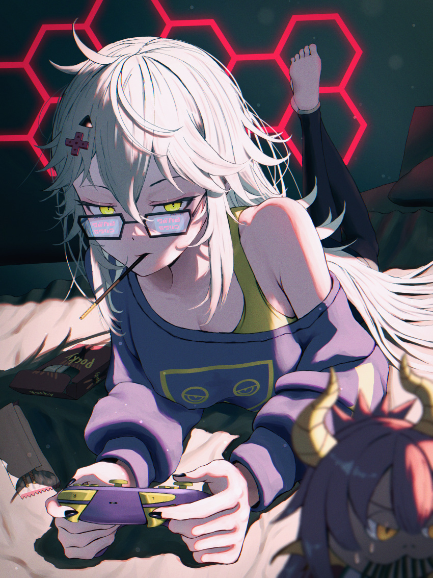 1girl absurdres barefoot black-framed_eyewear black_nails black_pants bra breasts cleavage controller d-pad d-pad_hair_ornament food_in_mouth game_controller glasses grey_hair hair_ornament highres holding holding_controller holding_game_controller large_breasts long_hair looking_at_viewer nail_polish official_alternate_costume pants pocky_in_mouth purple_shirt quone9u0ne shirt sidelocks underwear virtual_youtuber vshojo yellow_bra yellow_eyes zentreya zentreya_(cyborg) zentreya_(mmo_zen)