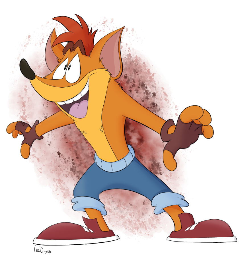 2023 4_fingers absurd_res activision anthro bandicoot biped black_nose bottomwear clothed clothing crash_bandicoot crash_bandicoot_(series) eyebrows fingerless_gloves fingers footwear full-length_portrait fur gloves handwear hi_res madtoons male mammal marsupial open_mouth orange_body orange_fur pants portrait shoes signature simple_background solo standing teeth topless