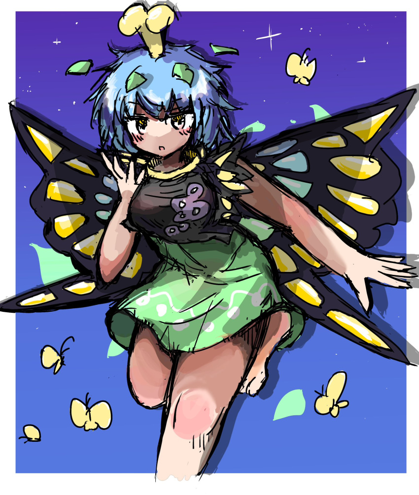 1girl alternate_breast_size antennae aqua_hair barefoot breasts bug butterfly butterfly_wings dress eternity_larva eye20806972 fairy green_dress hair_ornament highres leaf leaf_hair_ornament leaf_on_head multicolored_clothes short_hair short_sleeves solo touhou wings yellow_eyes yellow_wings