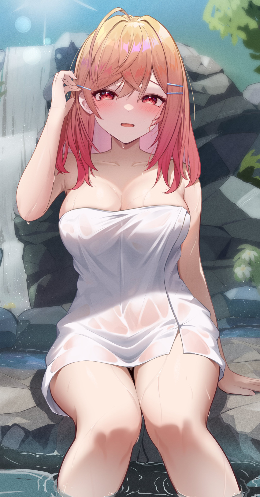 1girl absurdres ahoge akuame_(ring3922) bare_shoulders blush breasts cleavage hair_ornament highres hololive hololive_dev_is ichijou_ririka jewelry large_breasts long_hair looking_at_viewer multicolored_hair naked_towel open_mouth orange_eyes orange_hair see-through sitting solo thighs towel virtual_youtuber