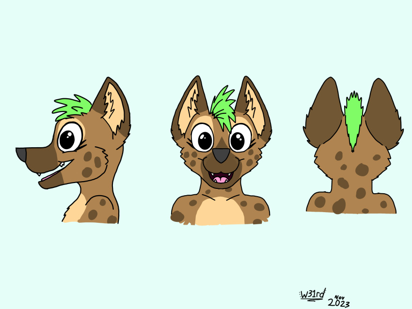 anthro brown_body bust_portrait female green_hair hair headshot_portrait hi_res hyena mammal model_sheet pink_tongue portrait smile teenager tongue vannie_(w31rd) w31rd young
