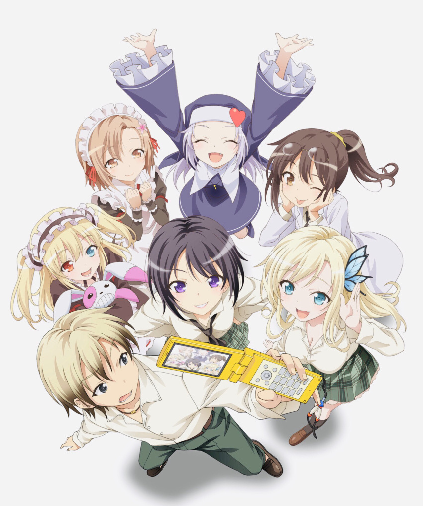 1boy 6+girls ;p apron aqua_eyes arms_up black_dress black_hair black_necktie blonde_hair blue_dress blue_eyes blue_headwear boku_wa_tomodachi_ga_sukunai breasts butterfly_hair_ornament cellphone cellphone_picture cleavage doll_hug dress eyewear_on_head fang flip_phone frilled_apron frills gradient_hair green_pants green_skirt hair_ornament hair_ribbon hairband hasegawa_kobato hasegawa_kodaka heterochromia high_ponytail highres holding holding_phone kashiwazaki_sena kusunoki_yukimura lab_coat lolita_hairband long_hair long_sleeves looking_at_viewer looking_back maid maid_apron maid_headdress mikazuki_yozora multicolored_hair multiple_girls necktie nun object_hug official_art one_eye_closed pants phone plaid plaid_skirt pleated_skirt purple_eyes red_eyes red_ribbon ribbon school_uniform shiguma_rika short_hair simple_background skirt smile st._chronica_academy_school_uniform stuffed_animal stuffed_rabbit stuffed_toy takayama_maria taking_picture tongue tongue_out watanabe_yoshihiro white_apron white_background yellow_ribbon