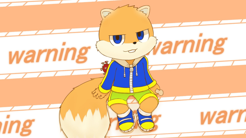16:9 2019 anthro bat_(object) blue_eyes blush bottomwear clenched_teeth clothing colored conker conker's_bad_fur_day english_text footwear fur hand_on_hip hi_res holding_bat holding_object holding_weapon hoodie long_tail male nailed_bat orange_body orange_fur rareware roshu39 shorts smug solo tail teeth text topwear weapon widescreen