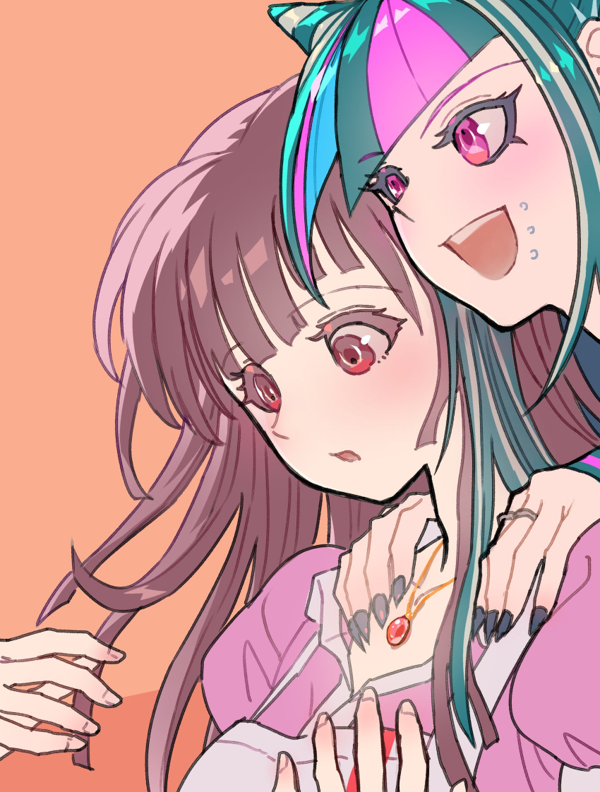 2girls :d absurdres apron black_hair brown_background brown_hair collared_shirt danganronpa_(series) danganronpa_2:_goodbye_despair fingernails hair_horns hands_on_another's_shoulders highres jewelry long_hair mioda_ibuki mouth_piercing multicolored_hair multiple_girls necklace piercing pink_eyes pink_hair pink_shirt ring sharp_fingernails shirt simple_background smile teeth tsumiki_mikan upper_teeth_only white_apron white_hair youko-shima