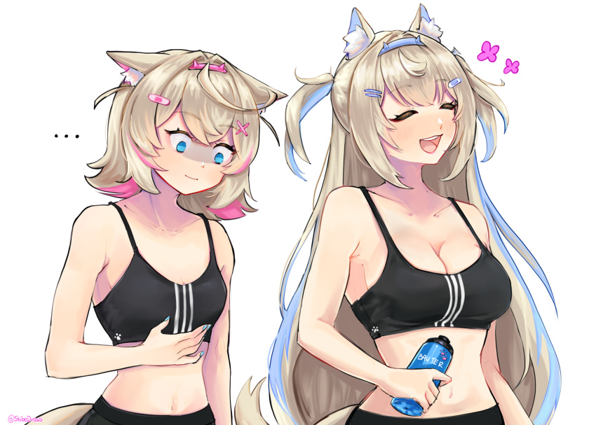 ... 2girls animal_ear_fluff animal_ears bandaid_hair_ornament black_pants black_sports_bra blonde_hair blue_eyes blue_hair blue_hairband bottle breast_conscious breast_envy breasts cleavage closed_eyes closed_mouth collarbone colored_inner_animal_ears dog_ears dog_girl english_commentary fuwawa_abyssgard hair_intakes hair_ornament hairband hairclip hairpin highres holding holding_bottle hololive hololive_english large_breasts long_hair medium_hair medium_support_(meme) meme midriff mococo_abyssgard multicolored_hair multiple_girls navel pants pink_hair pink_hairband shibedraws siblings simple_background sisters small_breasts sports_bra streaked_hair twins virtual_youtuber water_bottle white_background x_hair_ornament yoga_pants