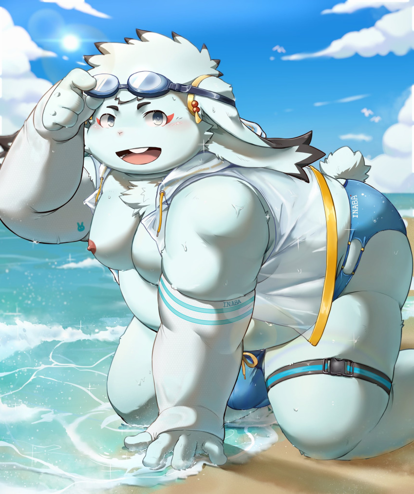 anthro beach belly blue_body blue_eyes blue_fur bottomwear bulge clothing eyewear fur goggles hi_res inaba_(tamacolle) kneeling lagomorph leporid male mammal morain_xs nipples overweight rabbit sea seaside shorts solo swimwear tamacolle water