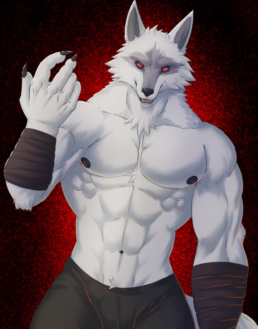 2023 5_fingers abs anthro arm_wraps black_nose black_sclera bottomwear canid canine canis chibikoma claws clothed clothing death_(puss_in_boots) dreamworks finger_claws fingers fur hi_res humanoid_hands male mammal muscular muscular_anthro muscular_male navel nipples pants pecs puss_in_boots_(film) puss_in_boots_the_last_wish red_eyes solo teeth tongue topless topless_anthro topless_male white_body white_fur wolf wraps
