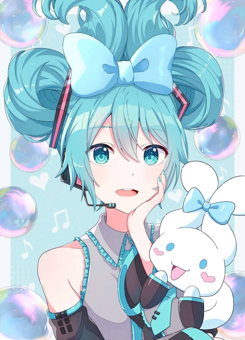 1girl 1other absurdres aqua_background aqua_bow aqua_eyes aqua_hair aqua_nails aqua_necktie bare_shoulders black_sleeves borrowed_hairstyle bow bubble cinnamiku cinnamoroll cosplay creature detached_sleeves ear_bow folded_twintails hair_bow hand_on_own_face hatsune_miku hatsune_miku_(cosplay) headphones headset highres holding holding_creature itogari looking_at_viewer necktie open_mouth sanrio shirt sleeveless sleeveless_shirt soap_bubbles tie_clip two-tone_background upper_body vocaloid white_background