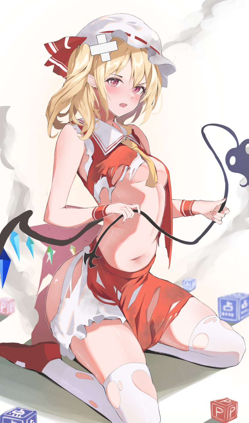 1girl 258n alternate_eye_color back_bow bandaid bandaid_on_head bare_shoulders blonde_hair bloomers blurry blush bow breasts collared_shirt commentary crystal cube fang fingernails flandre_scarlet full_body grey_shirt hair_between_eyes hands_up hat hat_ribbon highres holding holding_polearm holding_weapon jewelry laevatein_(touhou) legs long_fingernails looking_at_viewer medium_breasts mob_cap multicolored_wings nail_polish navel necktie one_side_up open_mouth pink_bow pink_eyes pink_nails pointy_ears polearm power_item_(touhou) red_footwear red_ribbon red_shirt red_vest ribbon ribbon-trimmed_headwear ribbon_trim seiza shadow shirt shoes short_hair simple_background sitting skin_fang skirt skirt_set solo spear thighhighs touhou underwear vest weapon white_headwear white_thighhighs wings wrist_cuffs yellow_background yellow_necktie