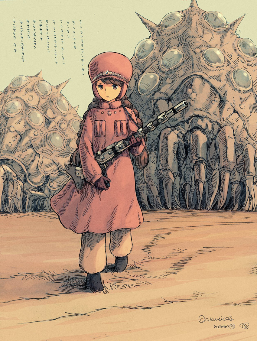 1girl aged_down braid brown_eyes brown_hair coat commentary_request full_body gloves gun hat highres holding holding_gun holding_weapon kaze_no_tani_no_nausicaa kokudou_juunigou long_hair looking_at_viewer monster nausicaa parted_lips rifle solo standing translation_request twin_braids weapon