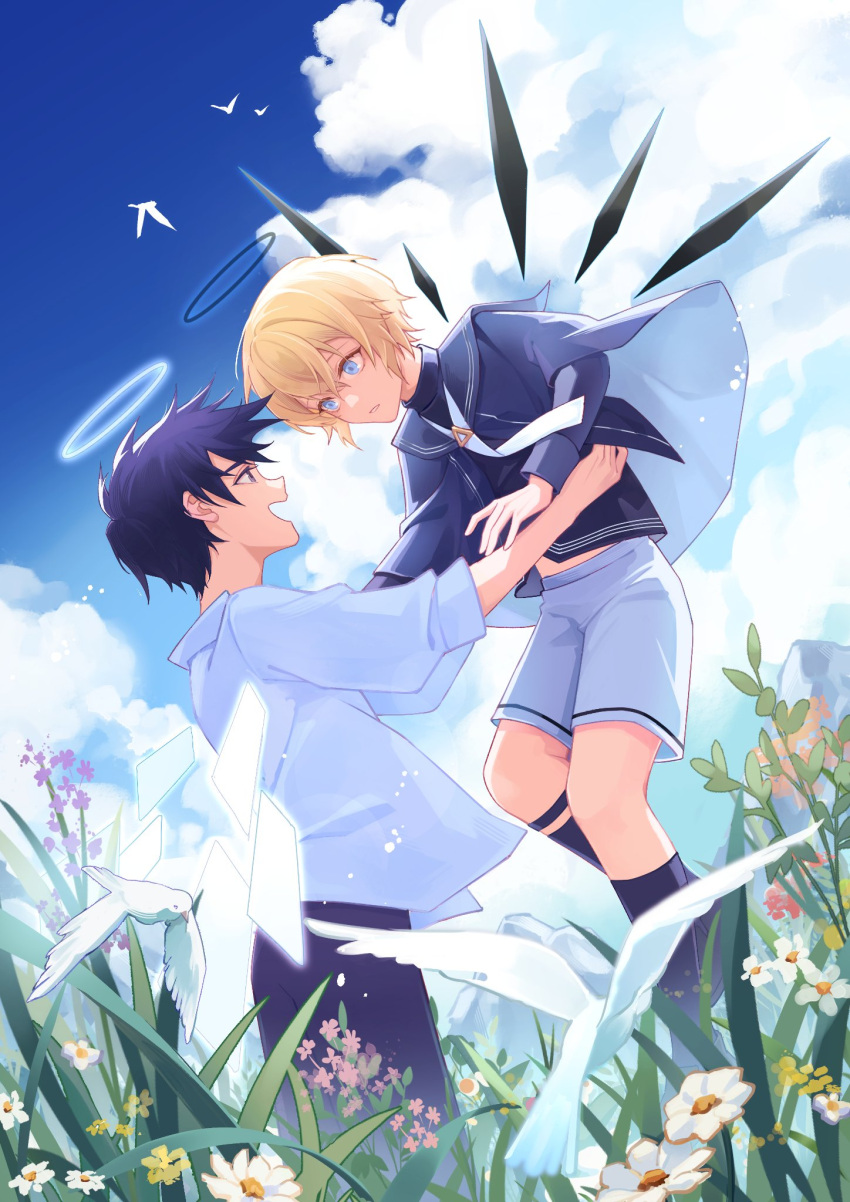 2boys arknights arksushi1 bird black_hair blonde_hair blue_eyes blue_sky executor_(arknights) field flower flower_field halo hands_on_another's_waist highres insider_(arknights) male_focus multiple_boys necktie shorts sky thigh_strap white_shorts wings