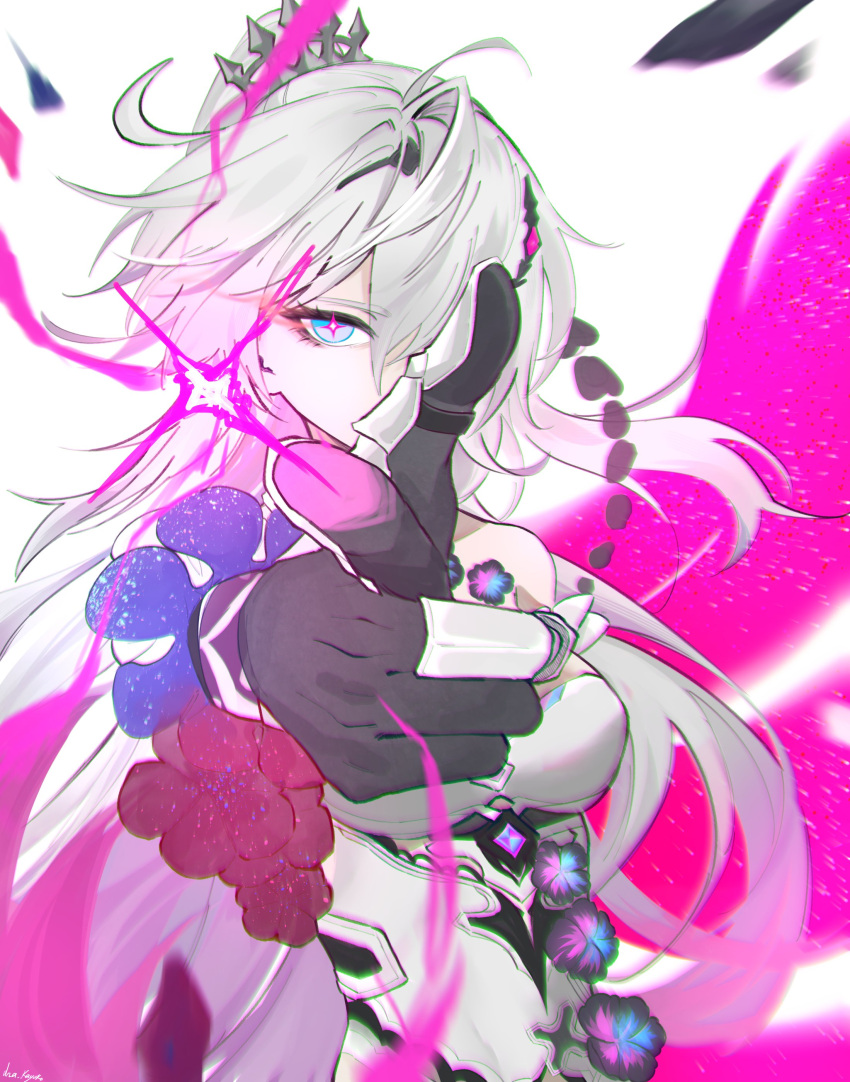 1girl absurdres black_gloves blue_eyes commentary diamond-shaped_pupils diamond_(shape) dna_kayoko dress energy english_commentary finger_gun gloves hair_over_one_eye highres honkai_(series) honkai_impact_3rd kiana_kaslana kiana_kaslana_(herrscher_of_finality) long_hair looking_at_viewer pointing pointing_at_viewer purple_pupils solo symbol-shaped_pupils upper_body white_dress white_hair