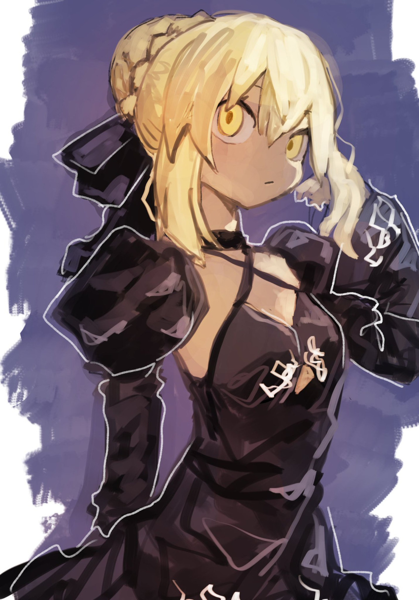 1girl 9302w_(user_wjpg8475) artoria_pendragon_(fate) black_bow black_choker black_dress blonde_hair blue_background bow braid breasts choker closed_mouth dress fate/stay_night fate_(series) french_braid hair_bow hair_bun hand_up highres juliet_sleeves long_sleeves looking_at_viewer puffy_sleeves saber_alter short_hair sidelocks single_hair_bun small_breasts solo two-tone_background upper_body white_background yellow_eyes
