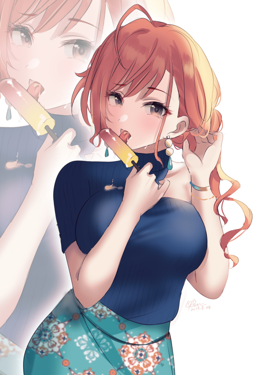 1girl absurdres ahoge arisugawa_natsuha asymmetrical_clothes blush bracelet breasts earrings highres idolmaster idolmaster_shiny_colors jewelry kevn large_breasts licking looking_at_viewer orange_hair patterned_clothing saliva stud_earrings tongue tongue_out zoom_layer
