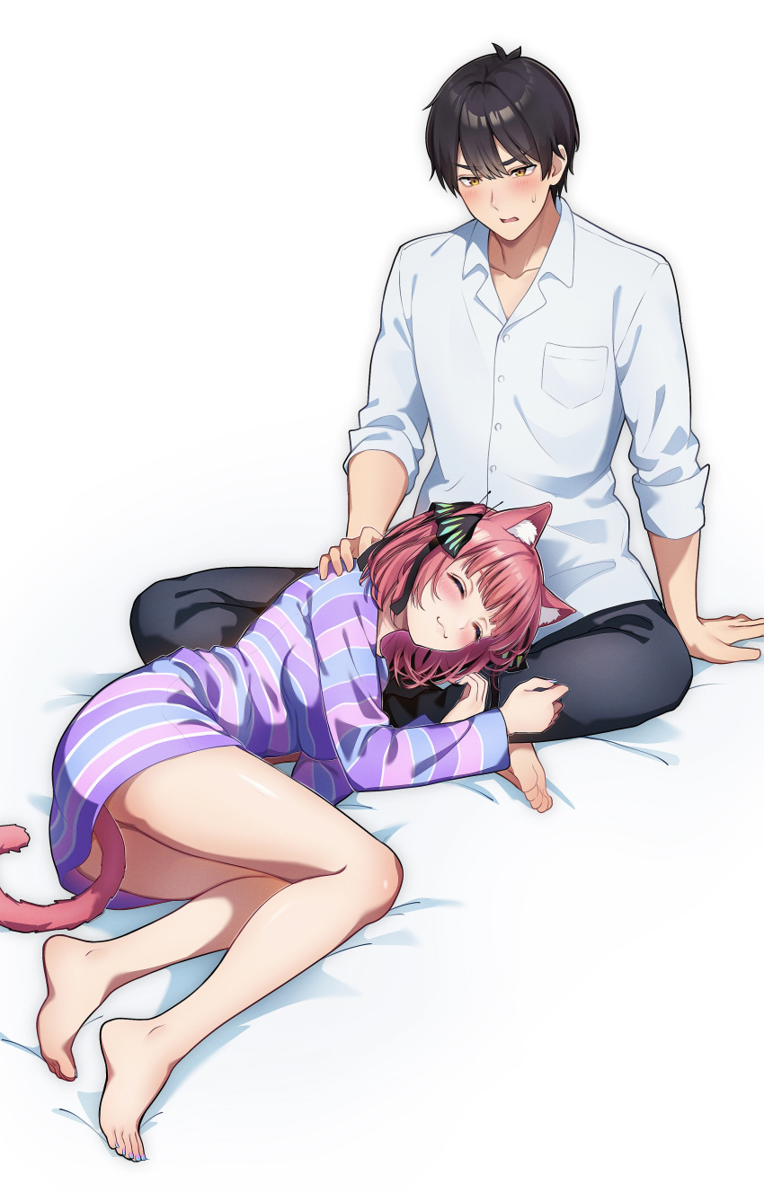 1boy 1girl :3 absurdres animal_ears bare_legs barefoot bed_sheet black_hair black_pants black_ribbon blue_shirt blunt_bangs blush bob_cut breast_pocket breasts brown_eyes butterfly_hair_ornament cat_ears cat_girl cat_tail closed_eyes collared_shirt commentary_request dress_shirt go-toubun_no_hanayome hair_ornament highres indian_style kemonomimi_mode kurosaki_coco lap_pillow large_breasts long_sleeves lying multicolored_shirt nakano_nino on_side pants pink_hair pink_shirt pocket purple_shirt ribbon shirt short_hair sitting sweatdrop tail uesugi_fuutarou white_shirt