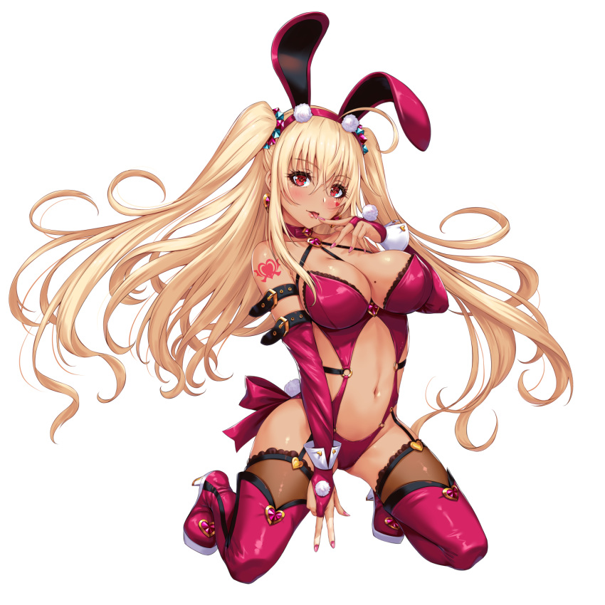 1girl animal_ears bare_shoulders blonde_hair boots breasts bridal_gauntlets fake_animal_ears full_body hairband highres large_breasts long_hair looking_at_viewer mole mole_on_breast navel original parted_lips pink_footwear pink_hairband playboy_bunny rabbit_ears red_eyes sakiyamama simple_background smile solo thigh_boots thighs white_background