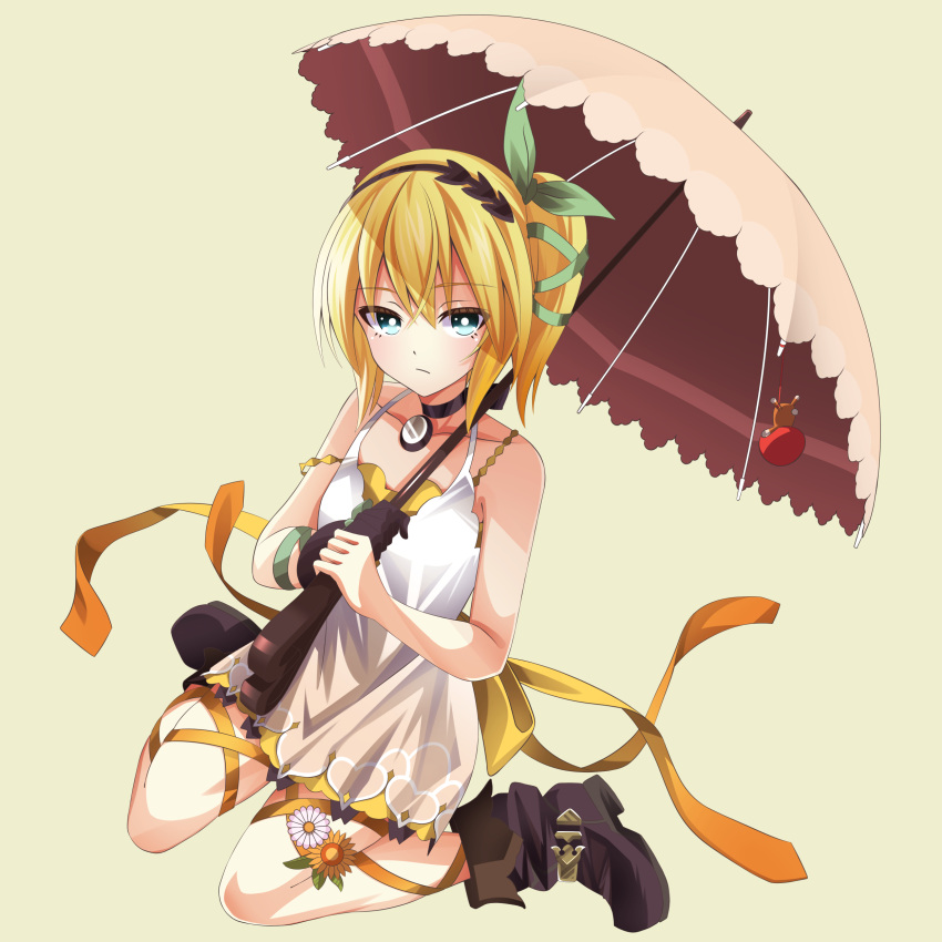 1girl absurdres akizawa619 bare_shoulders black_choker blonde_hair blue_eyes brown_footwear brown_umbrella choker dress edna_(tales) gloves green_ribbon hair_ribbon hairband highres holding holding_umbrella leg_ribbon looking_at_viewer medium_hair ribbon side_ponytail simple_background single_glove sitting sleeveless sleeveless_dress tales_of_(series) tales_of_zestiria tress_ribbon umbrella wariza white_dress yellow_background