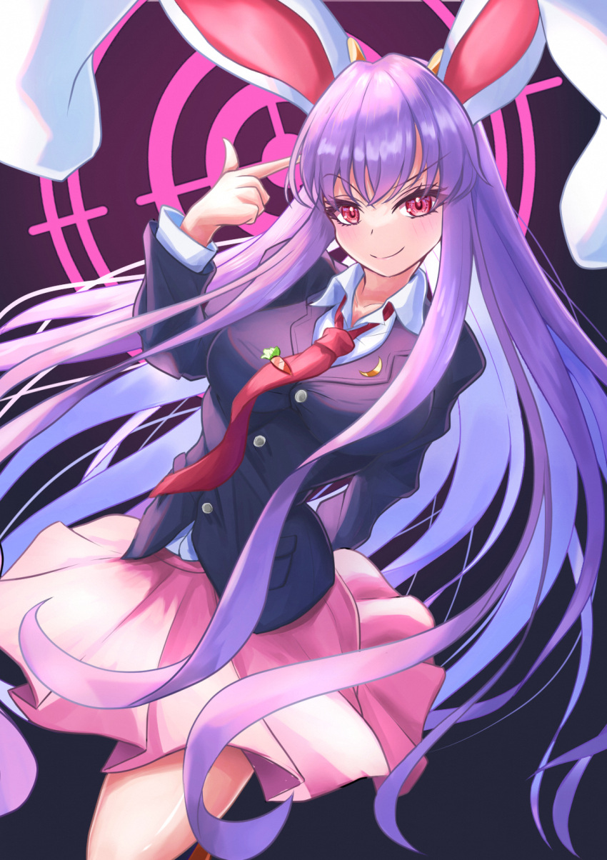 1girl animal_ears black_background black_jacket blush breasts carrot_pin commentary crescent crescent_pin finger_gun finger_gun_to_head highres jacket large_breasts legs long_hair looking_at_viewer necktie pennosuke pink_skirt purple_hair rabbit_ears red_eyes red_necktie reisen_udongein_inaba shirt sight skirt smile touhou uniform white_shirt