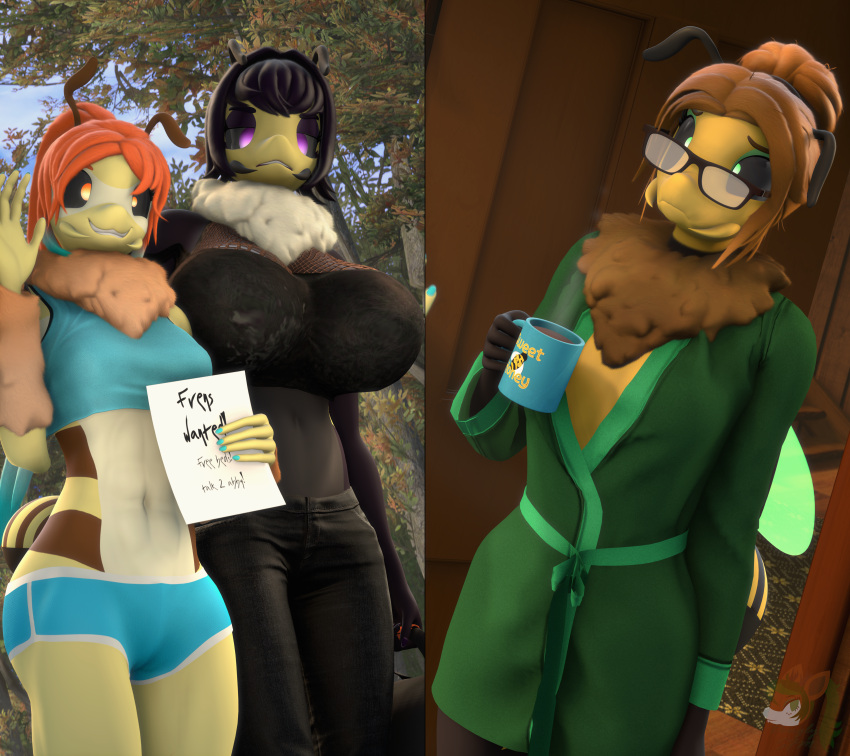 3d_(artwork) absurd_res anthro arthropod arthropod_abdomen ava_(donglysfm) bathrobe bathrobe_only bee big_breasts breasts clothing coffee_mug digital_media_(artwork) donglysfm eyewear female glasses goth group gwen_(donglysfm) hi_res hymenopteran insect kelli_(donglysfm) revamped_anthros robe size_difference source_filmmaker trio