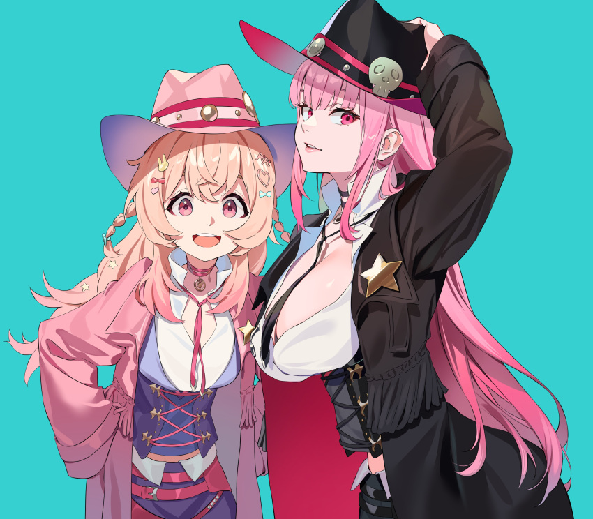 2girls absurdres black_choker braid breasts choker cleavage cowboy_hat cowboy_western hair_ornament hat hat_ornament heart heart_hair_ornament highres hololive hololive_english ibaraki_shun jewelry large_breasts long_hair looking_at_viewer mori_calliope mori_calliope_(7th_costume) multiple_girls official_alternate_costume open_mouth phase_connect pink_eyes pink_hair pipkin_pippa rabbit_girl rabbit_hair_ornament red_eyes sheriff_badge simple_background skull_hat_ornament skull_ornament smile star_(symbol) star_hair_ornament very_long_sleeves virtual_youtuber