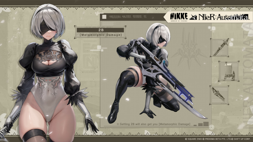 1girl 2b_(nier:automata) black_blindfold black_dress black_hairband blindfold boots breasts clothing_cutout covered_eyes crossover dress english_commentary english_text expressionless feather-trimmed_sleeves gloves goddess_of_victory:_nikke gun hairband hands_on_ground highres holding holding_gun holding_weapon juliet_sleeves leotard long_sleeves mole mole_under_mouth multiple_views nier:automata nier_(series) official_art partially_visible_vulva puffy_sleeves short_hair skin_tight skindentation solo taking_cover thick_thighs thighhighs thighhighs_under_boots thighs weapon white_hair