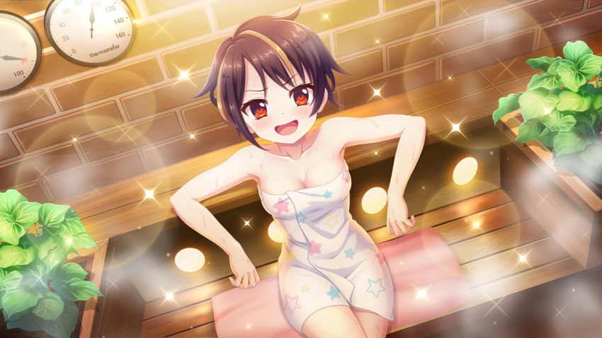 1girl bandou_mikuru blonde_hair breasts brick_wall brown_hair cleavage collarbone crossed_legs dot_nose dutch_angle film_grain from_above game_cg gauge izumi_tsubasu lens_flare medium_breasts multicolored_hair naked_towel non-web_source official_art on_bench open_mouth pink_towel plant print_towel re:stage! reclining red_eyes sauna short_hair sitting sitting_on_bench smile solo sparkle star_(symbol) star_print steam streaked_hair sweat towel two-tone_hair very_sweaty white_towel wooden_bench