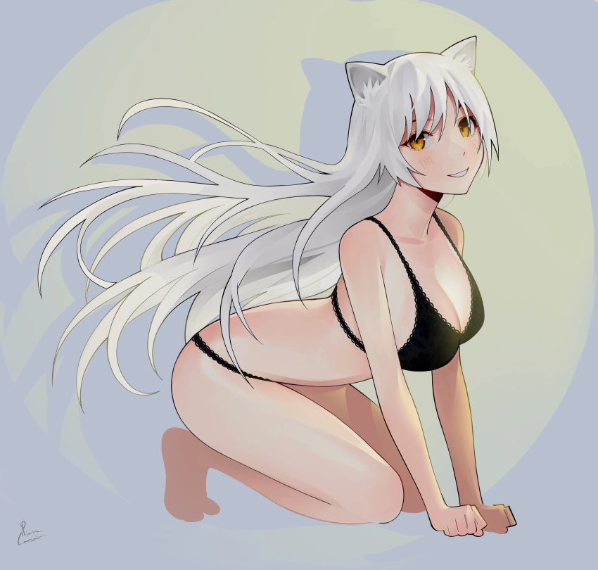 1girl absurdres all_fours animal_ear_fluff animal_ears arched_back artist_name bangs barefoot black_bra black_hanekawa black_panties blush bra breasts cat_ears cleavage clenched_hands collarbone commentary drop_shadow floating_hair from_side full_body green_background grey_background grin hair_between_eyes hanekawa_tsubasa highres kneeling lace-trimmed_bra lace-trimmed_panties lace_trim large_breasts leaning_forward light_blush long_hair looking_at_viewer looking_to_the_side monogatari_(series) nekomonogatari panties parted_lips piancaesar romaji_commentary shadow signature slit_pupils smile solo spotlight two-tone_background underwear underwear_only very_long_hair white_hair yellow_eyes